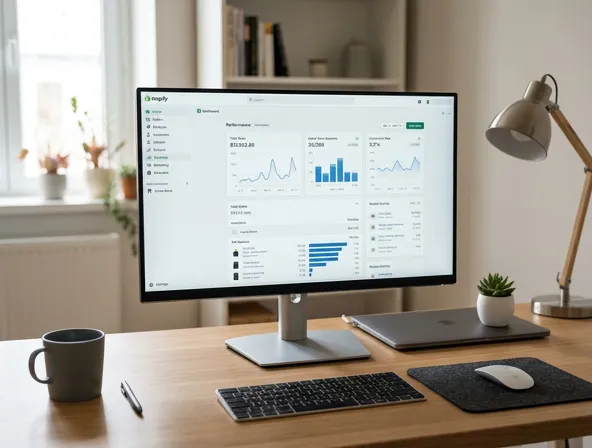 Shopify admin dashboard interface displayed on computer monitor, clean workspace