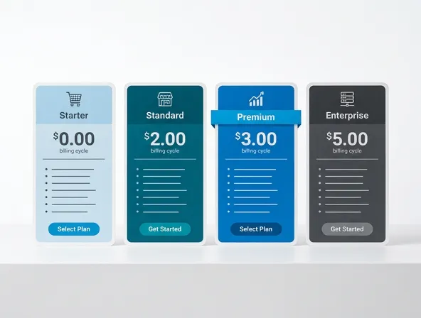 Pricing table or pricing cards layout on white background showing different ecommerce packages and tiers, clean minimal design