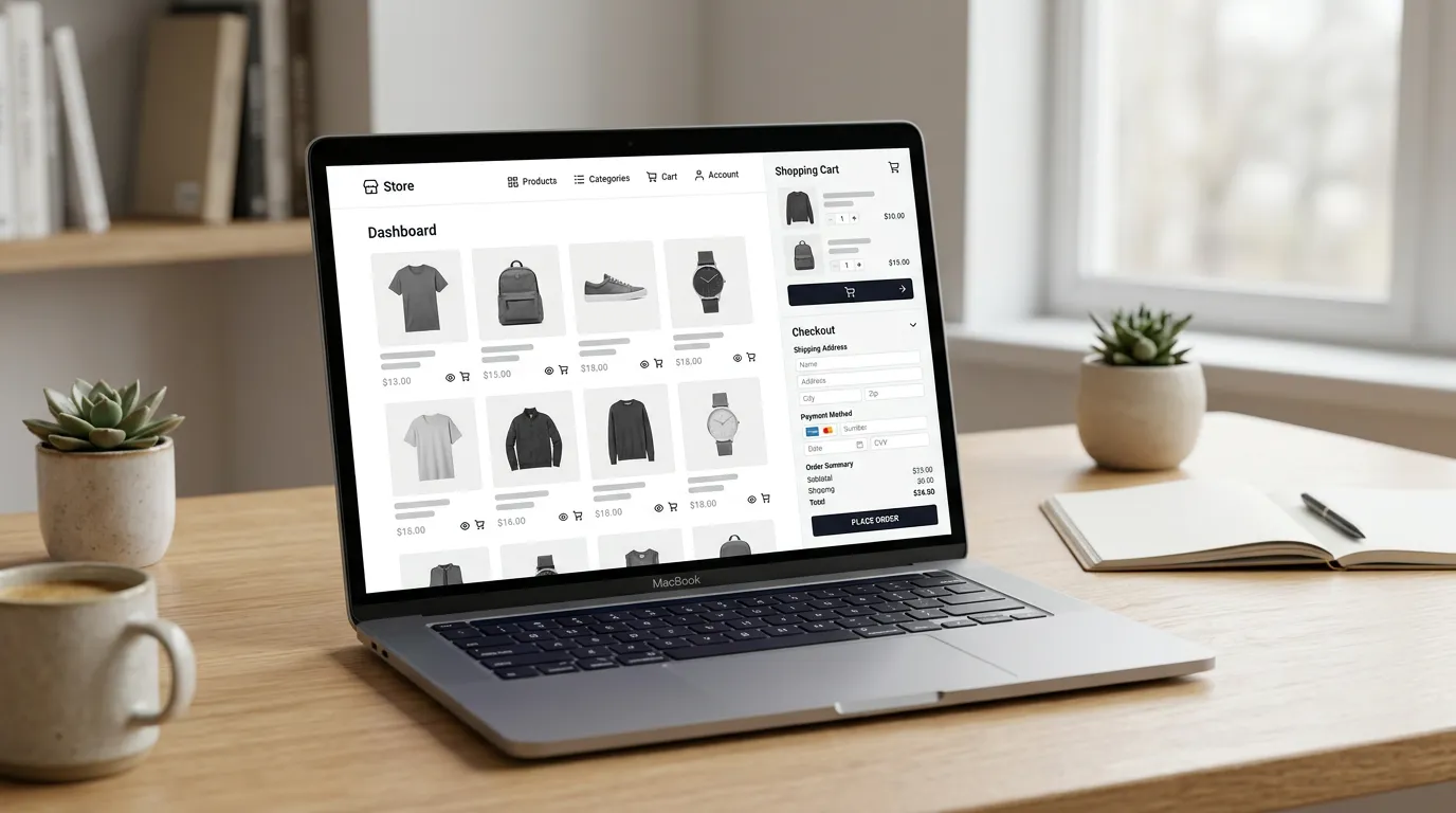 Modern minimalist ecommerce store dashboard displayed on laptop screen with product listings, shopping cart, and checkout interface visible, clean home office desk environment
