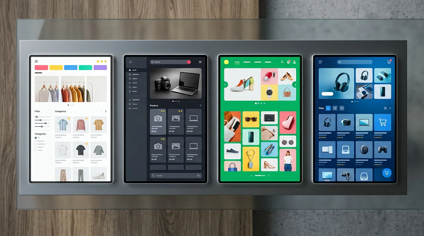 Split screen comparison layout showing multiple ecommerce platform logos and interface elements side-by-side, abstract modern design aesthetic