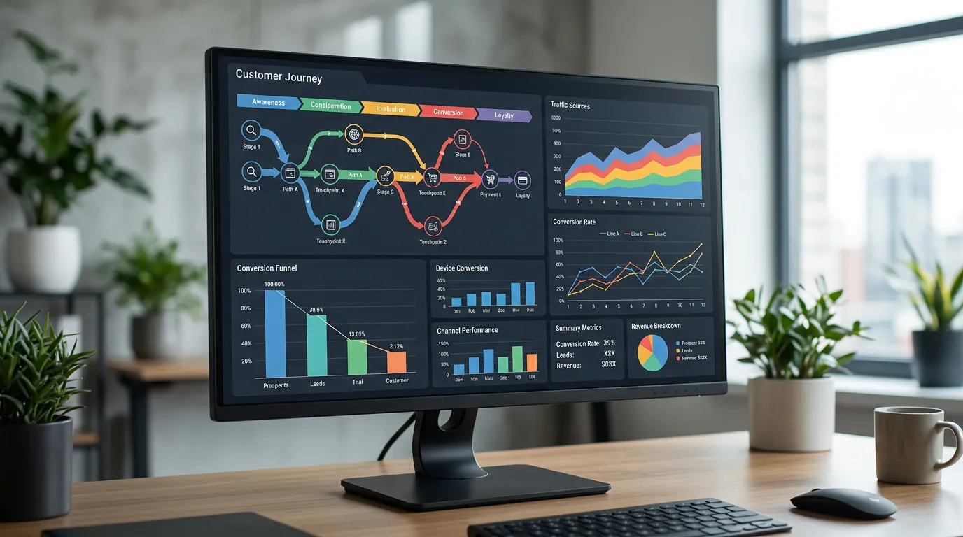 Business planning documents, charts, and analytics scattered on wooden desk with notebook and pen, strategic planning environment