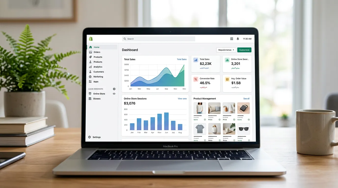 Shopify admin interface on desktop screen with product catalog and order management visible, clean interface, professional tech environment
