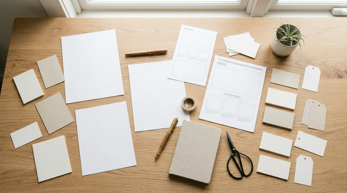 Laptop displaying different website layouts and design variations in a grid, showing responsive design mockups, professional workspace